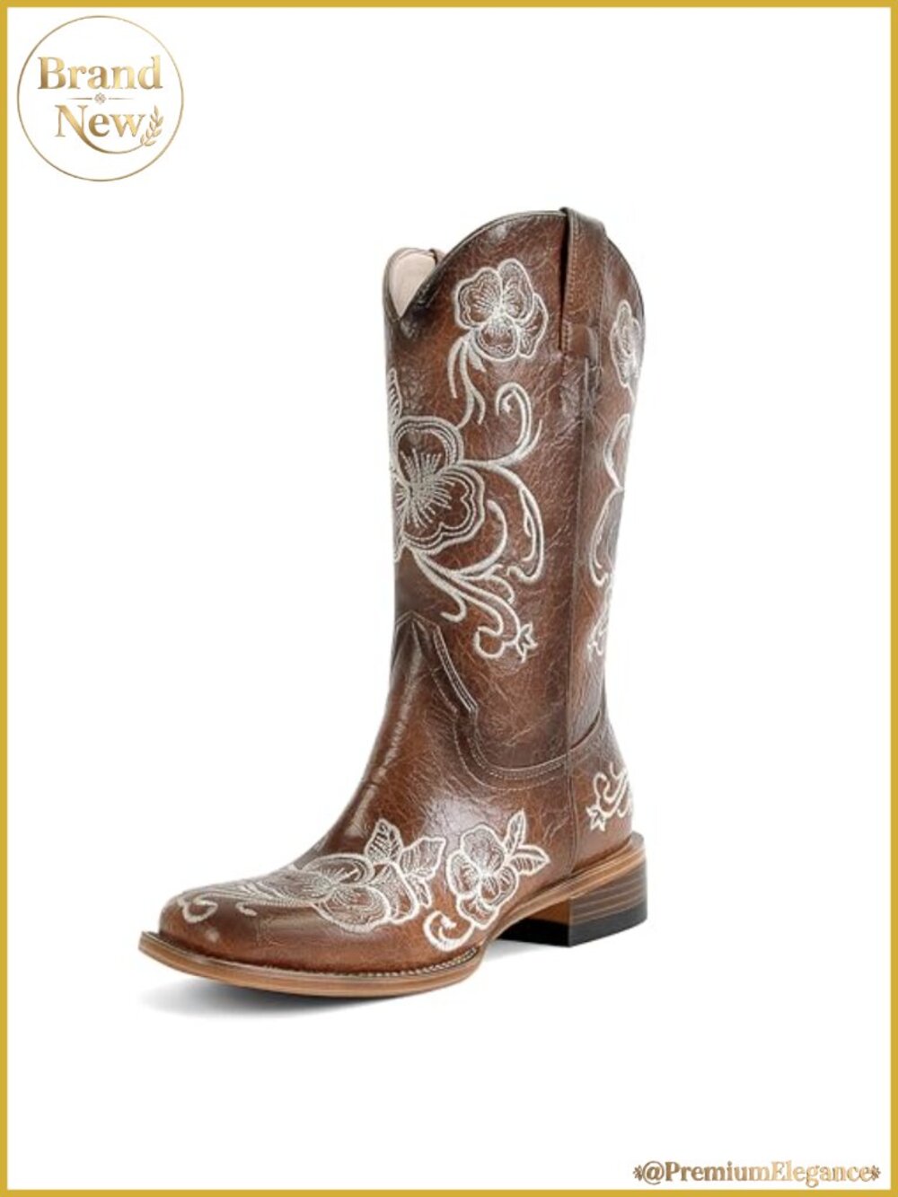 Floral Embroidered Leather Cowboy Boots Square Toe Mid Calf Western Boots